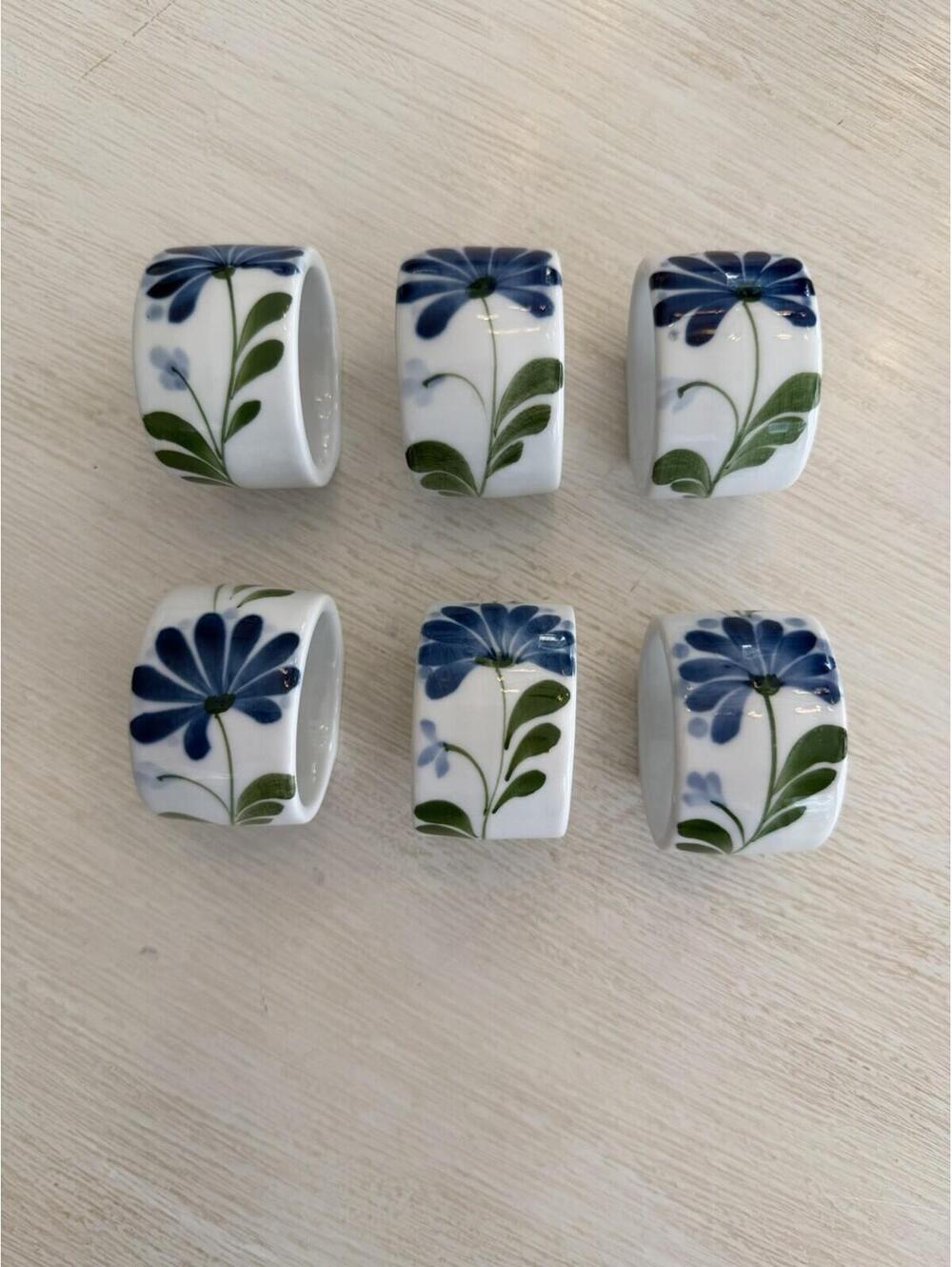 Set Of 6 Dansk Sage Song Napkin Rings White W/ Blue & Green RARE Set
